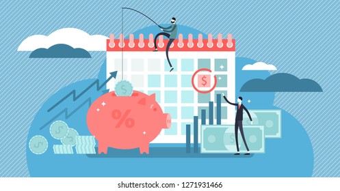 Payday loans vector illustration. Flat tiny persons concept with small, short-term unsecured loan for money problems situations. Bank service for temporary income budget crisis till monthly salary.