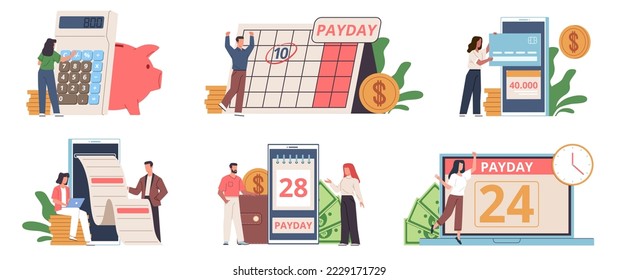 Payday people. Paycheck happy day, employees rejoice, calendar date, loans repayment and debts, investment income, tax and credit payment, flat tiny characters, nowaday vector financial set