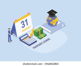 Payday reminder vector concept. Young businessman using a laptop while standing with payday loan text near graduation hat and book