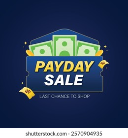 Payday sale promotion banner with coin, money and flying discount voucher illustration. Vector design for promo, marketing, web, marketplace or social media.