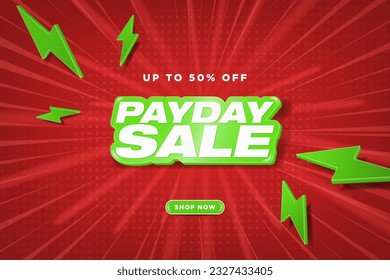 Banner de compra de venta de Payday con 3d Payday Sale Textos sobre fondo dinámico e iconos de trueno flash, botón comprar ahora. Diseño tipográfico editable de Payday Sale. Ilustración vectorial. EPS 10. 