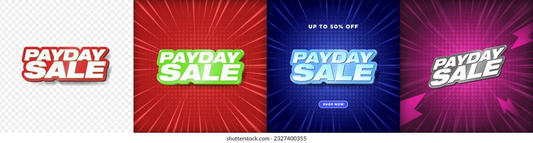 Payday Sale Shopping Posters, Banners with 3d Payday Sale Text on dynamic backgrounds, shop now button. Editable Payday Sale Typographic design. Vector Illustration. EPS 10. 