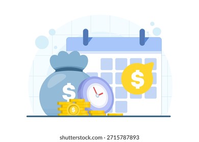 Concepto de horario de día de pago con calendario, reloj y moneda de oro. Ilustración vectorial de la fecha de pago del sueldo, sistema de nómina, planificación de ingresos y finanzas personales.
