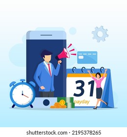 Payday Vector Concept. Business People Feeling Happy While Getting Money And Standing With Calendar And Alarm Clock