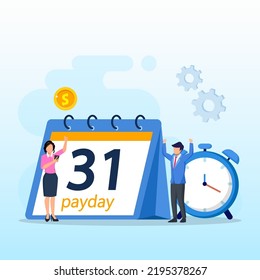 Payday Vector Concept. Business People Feeling Happy While Getting Money And Standing With Calendar And Alarm Clock