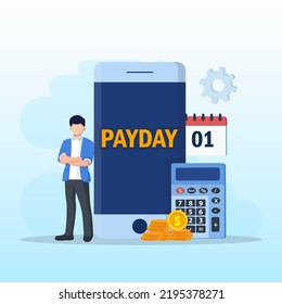 Payday Vector Concept. Business People Feeling Happy While Getting Money And Standing With Calendar And Alarm Clock