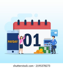 Payday Vector Concept. Business People Feeling Happy While Getting Money And Standing With Calendar And Alarm Clock