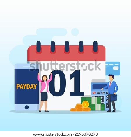 Payday vector concept. business people feeling happy while getting money and standing with calendar and alarm clock