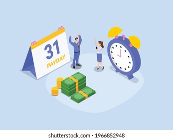 Payday vector concept. Two business people feeling happy while getting money and standing with calendar and alarm clock