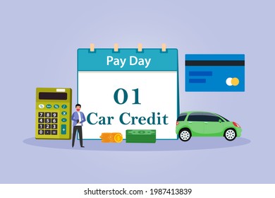 Payday vector concept: Young man standing with payday schedule for car credit while wearing face mask in new normal