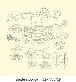 Payeh Engkout And Ingredients Illustration Sketch Style, Traditional Food From Aceh, Good to use for restaurant menu, Indonesian food recipe book, and food content.