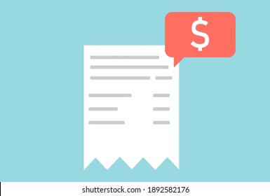 paying bill. Restaurant and other bills, paycheck receipts notification, invoice sign, shopping cash bill slip, buying tax transaction, flat vector illustration.