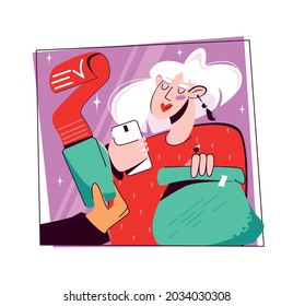 Paying bill throught smarthone. Bright extravagant woman in red pays for purchases at the checkout. Vector cartoon illustration isolated on pink background. Square layout.