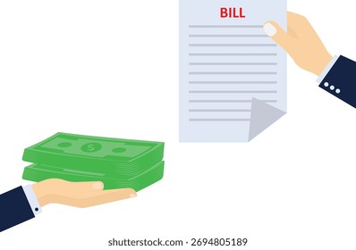 Concepto de pago de facturas. Una mano dando factura de Comprobante y otra mano dando dinero en efectivo. Ilustración vectorial plana para las finanzas


