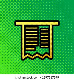Paying bills concept. Payment of utility, bank, restaurant and other bills sign illustration. Vector. Pop art orange to yellow dots-gradient icon with black contour at greenish background.