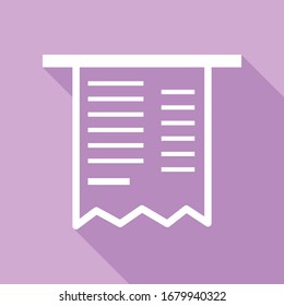 Concepto de pago de facturas. Icono blanco con una larga sombra en fondo morado.  Ilustración.