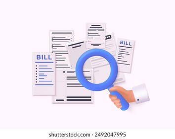 Paying bills hand holding bills and magnifying glass. Payment of utility, bank, restaurant and other. 3D Web Vector Illustrations.