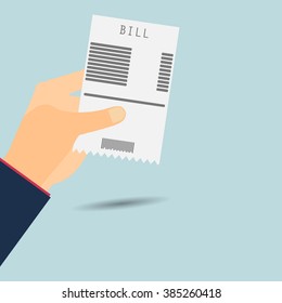 Paying bills. Hand holds invoice. Vector illustration.