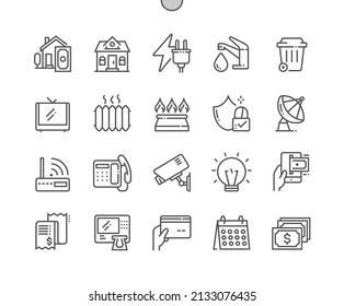 Paying bills. Heating, insurance, security, electricity, water and other. Home accounting. Pixel Perfect Vector Thin Line Icons. Simple Minimal Pictogram