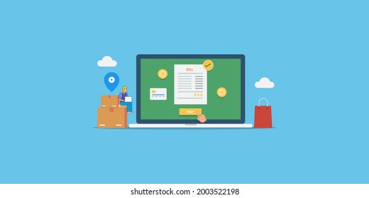 Paying Bills Online, Online Payment, Digital Transaction, Buy, Sale Online, Secure Payment Gateway, Digital Invoice - Conceptual Vector Illustration With Icons