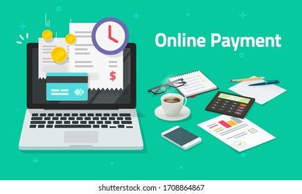 Paying bills online via credit bank card on laptop computer, electronic shopping innovation concept on pc digital internet payment invoice on pc notebook vector flat transaction with financial receipt