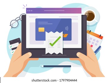 Pago de facturas pago digital en línea a través de tarjeta de crédito en computadora móvil, éxito de tienda electrónica de Internet pago concepto de recibo de factura vector cartografía plana, persona completa transacción de dinero o transferencia