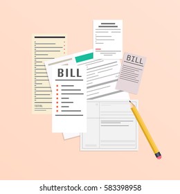 Paying bills. Payment of utility, bank, restaurant and other bills. Flat design modern vector illustration concept.