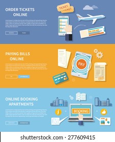 Paying bills payments online credit with buttons registration and about us. Online accommodation booking concept on modern technology device laptop in flat web design. Buy ticket online