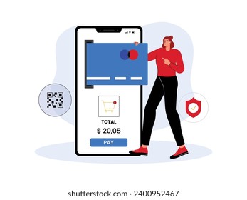 Paying bills for shopping with e money via smartphone, secure payment vector illustration.