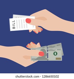 Paying Bills. Women Hand Holding Dollars and Another One Holding Bill Receipt. Receiving money. Transfer of Cash from Hand to Hand.  Financial Giving Concept. Vector Illustration, Flat Style Design