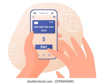 Pagando con tarjeta. Compras y transacciones en línea, ewallet y banca. Tecnologías modernas y mundo digital. Pago, aplicación y programa móvil. Dibujo vectorial plano de dibujos animados