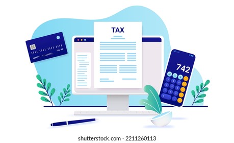 paying and calculating taxes - Desktop computer screen with tax document, calculator and credit card. Vector illustration on white background