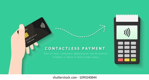 Paying with contactless card concept in flat design. POS terminal and transaction with NFC technology. 