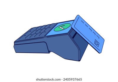 Pago con tarjeta sin contacto a través de la tecnología NFC. Terminal de pago y tarjeta de crédito. Ilustración vectorial. 