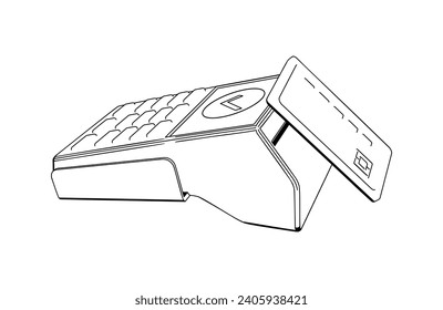 Paying with contactless card through NFC technology. Payment terminal and credit card. Vector outline illustration. 