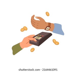 Paying in contactless and wireless way, isolated terminal with hand wearing smart watch with nfc. Transaction and banking system, shop seller and customer. Vector in flat style illustration