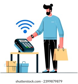 Paying in contactless and wireless way, isolated terminal with hand wearing smart watch with nfc.