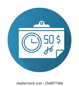 Paying for credit blue flat design long shadow glyph icon. Repaying loan mothly. Bill, tax, receipt with price. Investment, budget planning. Financial report. Economy. Vector silhouette illustration