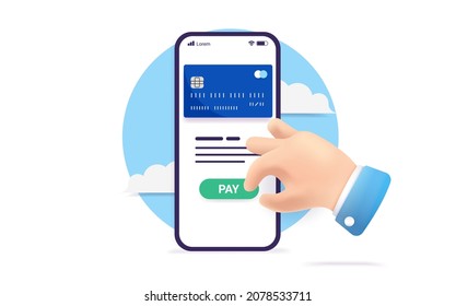 Paying with credit card on phone - Smartphone with bank app and hand clicking pay button. Payment and online shopping concept. Vector illustration