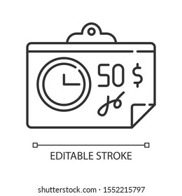 Paying for credit linear icon. Repaying loan mothly. Bill, tax, receipt with price. Financial report. Economy. Thin line illustration. Contour symbol. Vector isolated outline drawing. Editable stroke