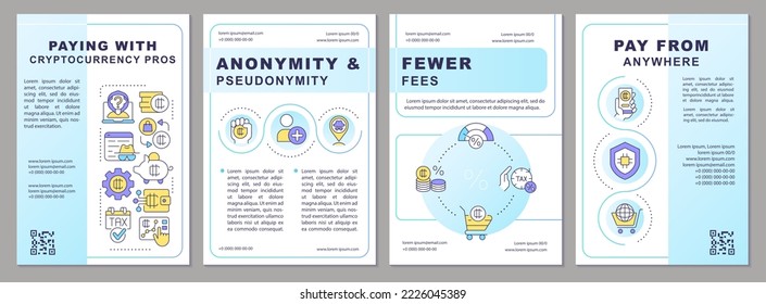 Paying with cryptocurrency pros blue gradient brochure template. Leaflet design with linear icons. 4 vector layouts for presentation, annual reports. Arial, Myriad Pro-Regular fonts used