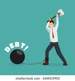 Paying debt metaphor vector banner template. Cartoon man breaking financial chains with sledge hammer. Happy debtor, businessman paying off debts, taxes, bank loans flat character