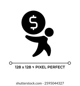 Paying debt pixel perfect black glyph icon. Pay off, credit. Loan, mortgage. Financial management, economics. Silhouette symbol on white space. Solid pictogram. Vector isolated illustration