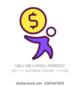 Paying debt pixel perfect RGB color icon. Pay off, credit. Loan, mortgage. Financial management, economics. Isolated vector illustration. Simple filled line drawing. Editable stroke