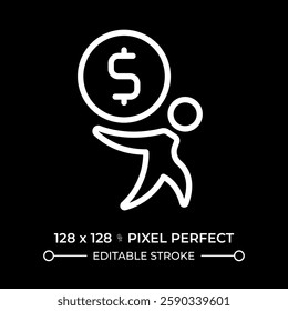 Paying debt pixel perfect white linear icon for dark theme. Pay off, credit. Loan, mortgage. Financial management, economics. Thin line illustration. Isolated symbol for night mode. Editable stroke