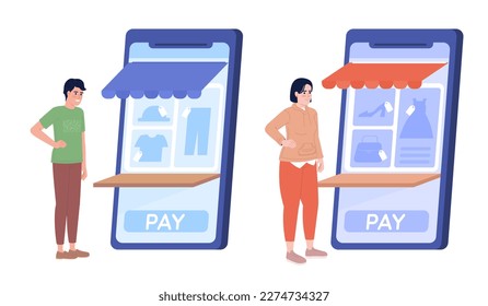Pagando en el sitio ecommerce el concepto plano de conjunto de ilustración de spot vectorial. Personajes editables de dibujos animados 2D sobre blanco para el diseño web. Tienda en línea ideas creativas para sitio web, móvil. Tipo de letra de arena rápida utilizado