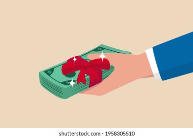 Paying Extra Bonus Money To Employee, Special Gift More Salary Or Premium Payment For High Performance Worker Concept, Businessman Boss Hand Giving Banknotes Cash With Reward Ribbon.