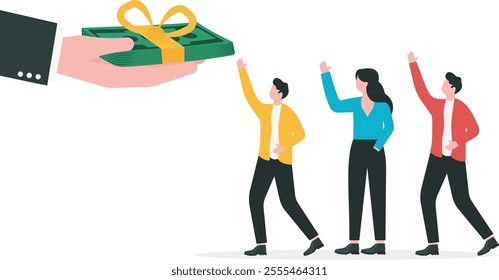 Paying extra bonus money to employees, special gift more salary or premium payment for high performance worker concept, businessman boss hand giving banknotes cash with reward ribbon.
