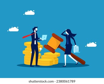 Paying a fine. Businesswoman holds a notice with a legal hammer on a pile of coins