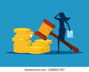 Paying a fine. woman holds a notice with a legal hammer on a pile of coins